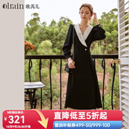 Olrain歐芮兒赫本風連衣裙女秋冬收腰顯瘦法式復古拼色翻領長裙 黑色 XL 170/92A