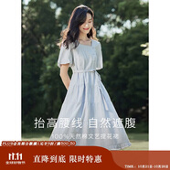 茵曼（INMAN）夏季法式收腰提花肌理女裝方領(lǐng)連衣裙文藝風(fēng)泡泡袖裙子 淺藍(lán)色 S