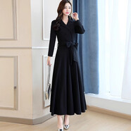 雪珺非法國西裝領(lǐng)腰修身長(cháng)袖連衣裙2025秋冬新款通勤純色長(cháng)裙 8826-黑色有腰帶優(yōu)質(zhì)款 2XL 建議125-135斤
