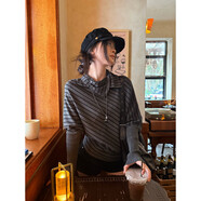 宋正恩覆古黑灰色不規則針織衫女秋季新款條紋蝙蝠袖寬松毛衣上衣 黑灰色 均碼 S