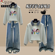 啄木鳥(niǎo)青春活力女裝套裝初中高中學(xué)生時(shí)尚減齡衛衣學(xué)院風(fēng)秋裝穿搭一整套 藍色衛衣+藍色牛仔褲 L