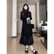 晉影2025秋冬新款感超好看流蘇新年戰袍加絨半高領(lǐng)連衣裙女LSZ 黑色加絨長(cháng)裙 S