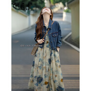 妍莉芬（yanlifen）秋季搭配一整套大碼女裝胖mm衣服油畫(huà)連衣裙子漂亮減齡兩件套裝女 水墨畫(huà)連衣裙 L (建議100-120斤)