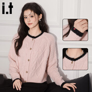 :CHOCOOLATE  it女裝針織衫女粉色甜美麻花上衣女2025春秋新款百搭開(kāi)襟毛衣女 粉色 M