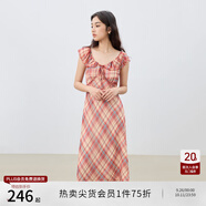 自巧小個子紅色雪紡格紋連衣裙女2025夏裝新款掐腰裙度假風(fēng)長裙子 紅白格 M （尺碼：4）