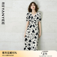 顏域短袖V領(lǐng)印花連衣裙女秋裝2024新款女士收腰顯瘦中長(cháng)款茶歇裙 黑花 S/36
