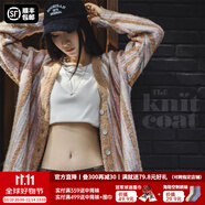 馬登女裝 美式復(fù)古針織衫油畫(huà)彩色V領(lǐng)豎條紋開(kāi)衫寬松美拉德風(fēng)毛衣秋 彩色條紋 馬登工裝 L