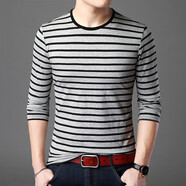 IQXF男士純棉長(cháng)袖T恤秋衣2020春秋新品圓領(lǐng)條紋寬松體恤衫青中年商務(wù) DG8828灰色 M (建議體重100-130斤)