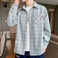 花花公子（PLAYBOY）男士襯衫春秋季新款寬松休閑格子長(cháng)袖襯衣男生潮流帥氣寸衫上衣服 G37淺灰 M 約90-115斤可穿