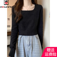 AEMAPE白色方領(lǐng)針織衫女2025秋冬新款內搭長(cháng)袖打底衫小個(gè)子收腰短款上衣 黑色 XL