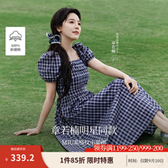 茵曼（INMAN）章若楠同款法式方領格紋連衣裙2025夏季新品女裝泡泡袖裙子 藏青 L
