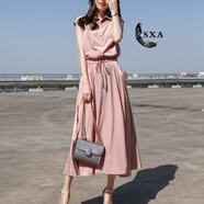 SXA香港潮牌無袖銅氨絲連衣裙女夏裝新款顯瘦氣質(zhì)襯衫裙子收腰A字裙 粉色 M