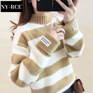 NY-RCE毛衣女2025冬季新款高品質(zhì)高領(lǐng)加厚寬松款秋冬短款潮流百搭針織衫 條紋卡其半高領(lǐng) (保暖)  加厚 均碼