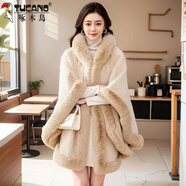 啄木鳥(niǎo)感毛茸茸連帽斗篷披肩大毛領(lǐng)披風(fēng)加絨加厚保暖冬季色大衣女 卡其色 專(zhuān)柜品質(zhì)