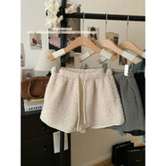 苜戈新款松緊腰羊羔毛軟糯休閑褲女裝冬季加厚毛絨絨直筒短褲熱褲 杏色羊羔毛短褲 S  建議70-90斤