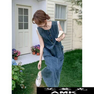 艾莫克氣質(zhì)蕾絲拼接復古牛仔背心長(cháng)裙2025新款女初夏無(wú)袖連衣裙 深藍色 L