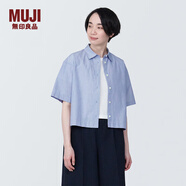 無印良品（MUJI）女式 涼感平紋襯衫領(lǐng)短袖襯衫 女士襯衣外套格子短款開衫純棉 藍色條紋 XS (150/76A)