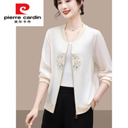 皮爾卡丹（pierre cardin）女士秋薄款刺繡短外套時(shí)尚洋氣緞面夾克衫國(guó)風(fēng)休閑百搭長(zhǎng)袖上衣 米白 2402 XL 建議85-105斤