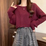 馨悠潔咖色短款毛衣女秋冬美拉德大郎高腰針織打底衫皮衣內(nèi)搭miu里上衣 酒紅【今年流行漂亮/超好看/奶呼 S