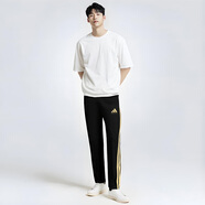 阿迪達斯 （adidas）三條紋側(cè)標(biāo)休閑運動男女秋季直筒長褲 黑金 S
