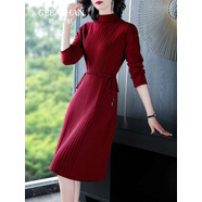 歌芭杉長(cháng)袖針織連衣裙女2025年秋冬季新款女中長(cháng)款優(yōu)雅收腰遮肚針織裙 酒紅色（松緊腰帶） L 建議105-115斤