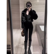 恩若凡狐貍毛皮草外套女冬季翻領毛毛年輕款秋高端彷狐貍拼接皮外套 牛仔小腳褲 S [70-90斤穿]