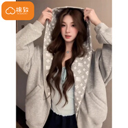 棉致美式印花拼接連帽外套女春秋季新款休閑復古開(kāi)衫慵懶風(fēng)衛衣上衣 5004灰色【高品質(zhì)】 L 100-120斤