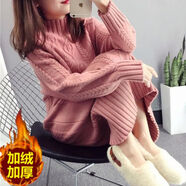 秋冬加絨加厚毛衣女中長(cháng)款半高領(lǐng)2021新款寬松毛衣裙針織打底衫潮 磚紅【加絨加厚/一件過(guò)冬】 L