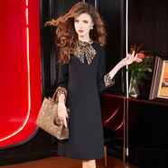 菲夢(mèng)伊豹紋印花黑色連衣裙女秋裝設計感氣質(zhì)輕熟大方得體A字裙子 黑卡色 M