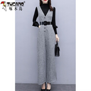 啄木鳥(niǎo)氣質(zhì)名媛毛呢連體褲套裝女神范秋冬新款墜感闊腿背帶褲兩件套 單件淺灰色單褲 M