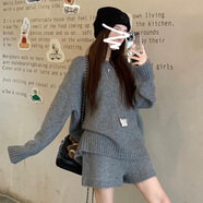 熒蒂時(shí)尚休閑套裝女2025春秋韓系穿搭一整套女針織衫女毛衣短褲兩件套 灰色【套裝】1 XL
