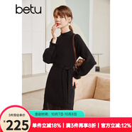 betu百圖女裝網(wǎng)紗拼接小高領木耳邊燈籠袖針織連衣裙女2110T69 黑色 M