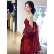 小紅書(shū)同款晨袍新娘敬酒服酒紅色2025新款抹胸感訂婚洋裝結(jié)婚晚禮 酒紅色 XS