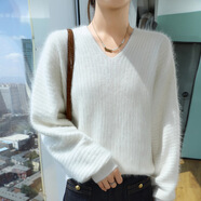 EMZ鄂爾多斯市秋冬新款貂絨衫寬松慵懶風(fēng)簡(jiǎn)約套頭女V領(lǐng)大碼羊絨針織 白色 S