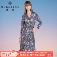 MORELINE沐蘭冬季新款復(fù)古中腰印花連衣裙女九分袖碎花裙 綠紫花 M 38