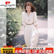 皮爾卡丹（pierre cardin）波嬉風(fēng)法式鏤空V領(lǐng)白色連衣裙女夏季獨(dú)特漂亮民族風(fēng)波西米亞長(zhǎng)裙 白色連衣裙 【夏裝/早夏/夏款/夏日/夏天/顯瘦氣 S