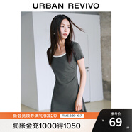 UR夏季新款女裝時(shí)尚撞色褶皺收腰修身圓領(lǐng)連衣裙UWU740043 暖灰 XS