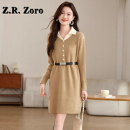 Z.R.Zoro奢侈品連衣裙女2025秋冬新款設(shè)計(jì)感假兩件針織連衣裙打底毛衣裙女 卡其 M