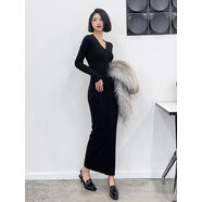 高個(gè)子春秋冬V領(lǐng)超長(cháng)拖地毛衣裙加長(cháng)袖修身打底針織連衣裙 黑色，中長(cháng)，高彈 S S