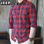 JEEP SPIRIT2025春秋長(cháng)袖襯衫格子純棉男休閑法蘭絨打底襯衣服青年 紅色水牛格 43