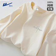 回力（Warrior）純棉t恤男秋冬新款重磅運動(dòng)上衣男士寬松打底長(cháng)袖體恤 淺米  2XL