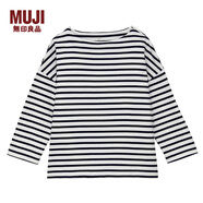 無印良品 MUJI 女式 粗棉線落肩T恤 白色X橫條 XS/S