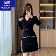 羅蒙（ROMON）針織連衣裙女2025秋季新款法式小香風(fēng)雙排扣V領(lǐng)修身包臀氣質(zhì)性感 黑色 S