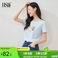 歐莎（OSA）白色短款T恤女士夏季新款衣服短袖印花顯瘦正肩上衣體恤修身 淺藍色 M