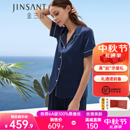 金三塔睡衣女真絲100%桑蠶絲外穿絲滑親膚短袖兩件套中秋禮物 藏青 短袖長褲 XL