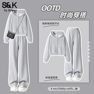 班尼路（Baleno）S&K系列運動(dòng)套裝女裝秋冬新款插肩袖短開(kāi)衫外套休閑直筒褲兩件套 麻灰#純色+麻灰#純色 S
