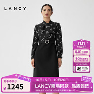 朗姿/LANCY春冬新款高腰飄帶拼接連衣裙羊毛真絲黑裙子女修身 夜幕黑色 S