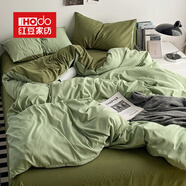 紅豆悅柔水洗棉四件套120g加厚磨毛耐用純色輕繡床單被套床上三套件 雙拼-奶綠深綠 1.5-1.8床適用/被套2.0*2.3m
