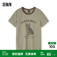 森馬（Semir）[商場同款]短袖T恤女美式復(fù)古撞色2024新款夏季貓咪衣服小眾 土灰綠40901 M 160/84A