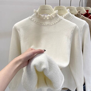 香影芬秋冬季加厚毛衣女一體絨2025新款洋氣釘珠半高領(lǐng)木耳邊針織打底衫 杏色 L  (建議105-115斤) 